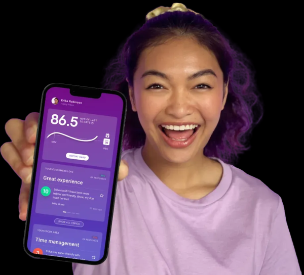 Photo of a person holding out phone with the AskNicely App user interface
